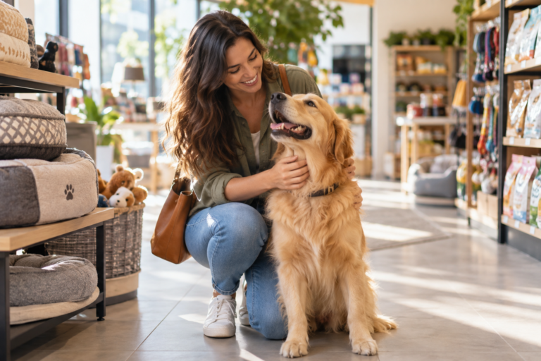 Cliente e cachorro em loja de produtos para pets